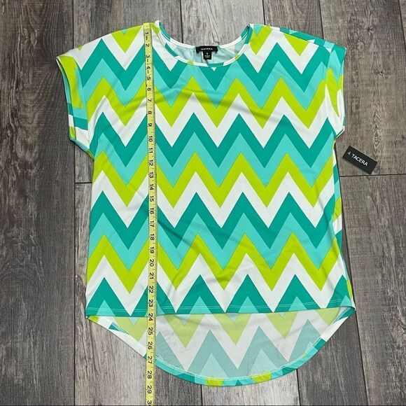 NWT Tacera Chevron Pattern Short Sleeve Blouse Teal White Lime Green Size Small - Picture 10 of 12